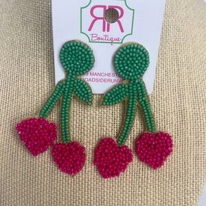 Women's Fruit Cherry Heart Seed Beaded Pierced Earrings Pink Green Drop Dangle